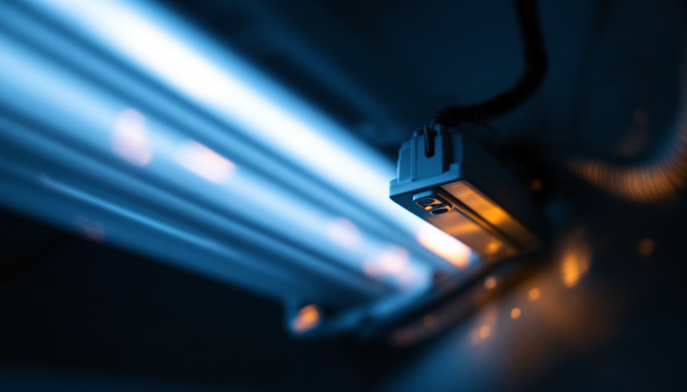 A photograph of a close-up shot of a modern fluorescent light fixture with its ballast visible