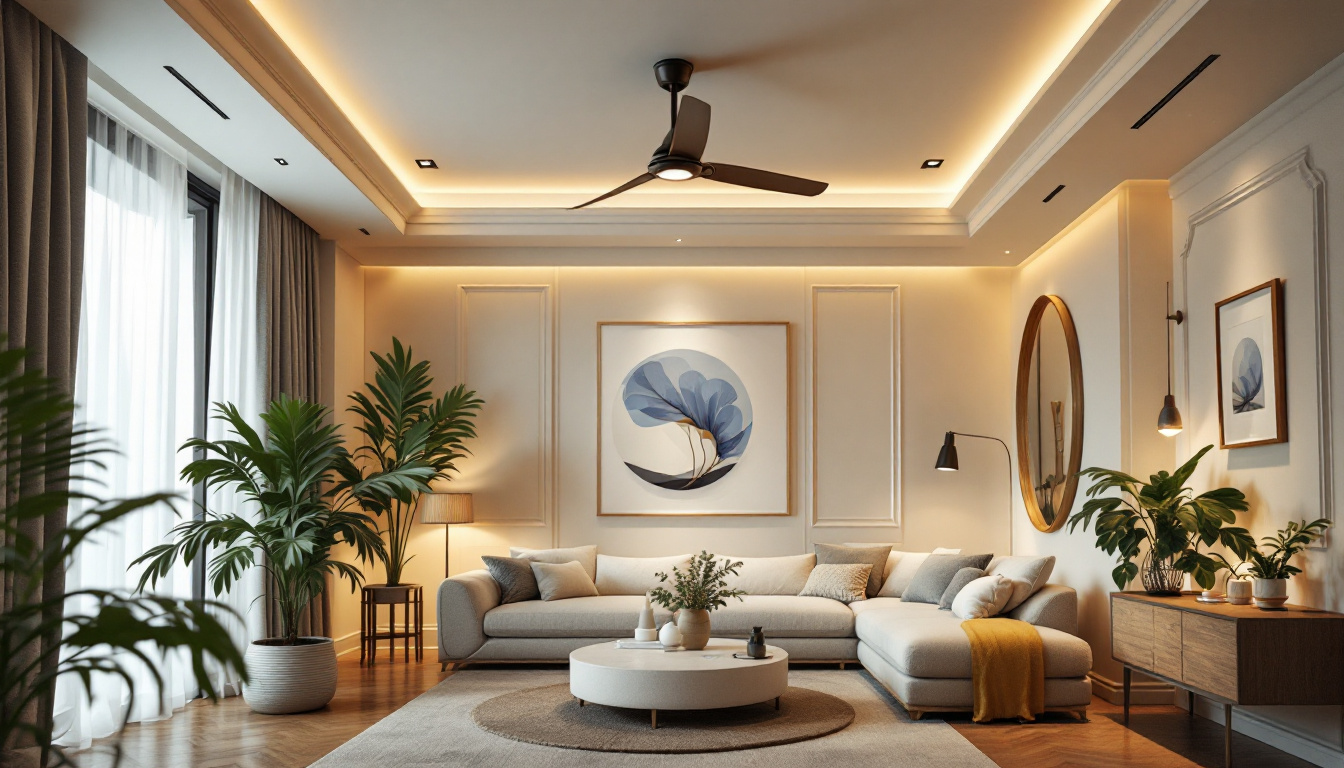 A photograph of a beautifully designed ceiling fan in an aesthetically pleasing room setting