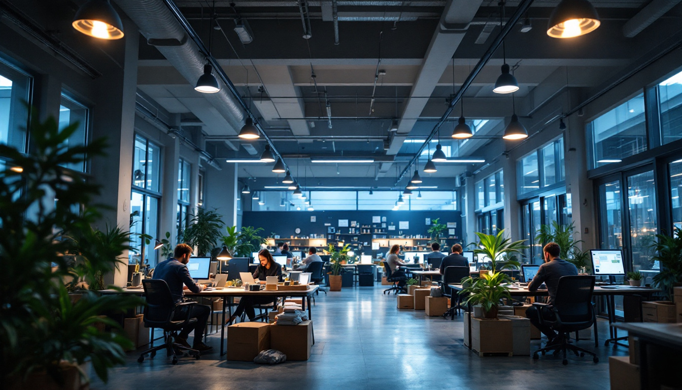 A photograph of a modern workspace or warehouse featuring sleek