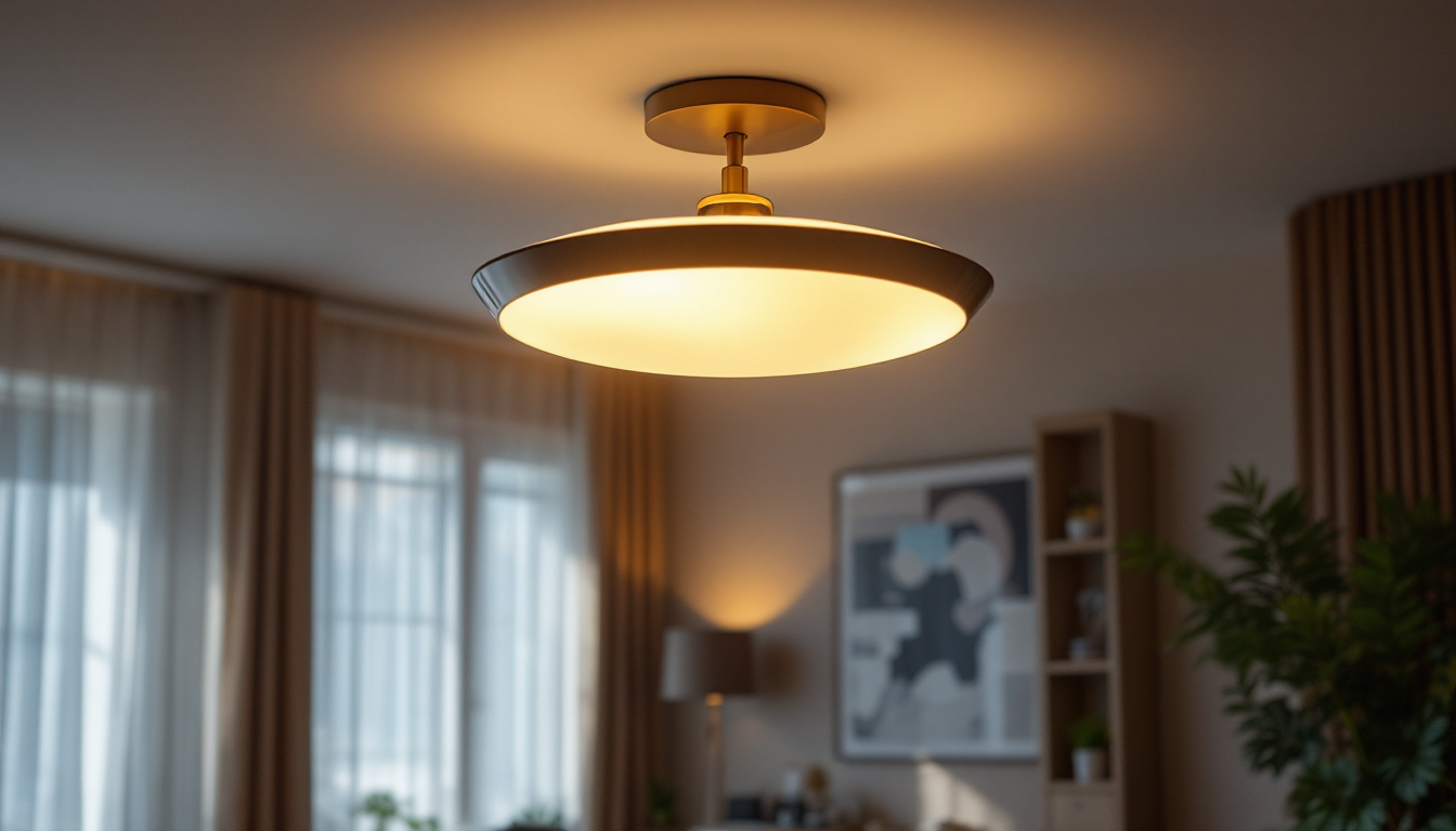 A photograph of capture a photograph of a beautifully designed semi-flush mount light fixture illuminating a stylish living space