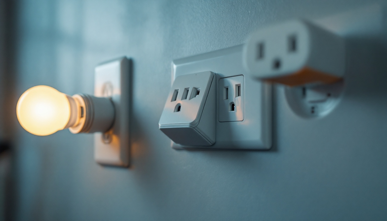 A photograph of a close-up view of various types of wall outlets