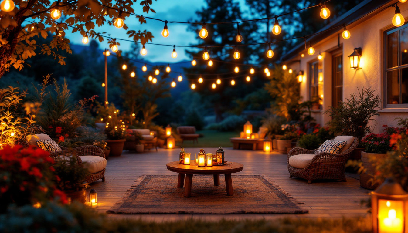 A photograph of a beautifully lit outdoor space showcasing a variety of exterior led string lights in use