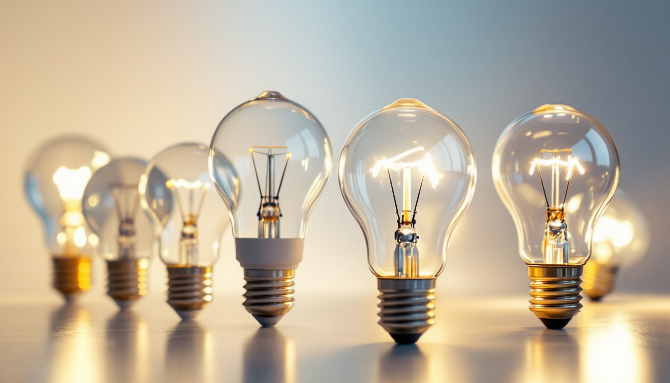 A photograph of a close-up shot of various light bulbs with standard base sizes arranged creatively