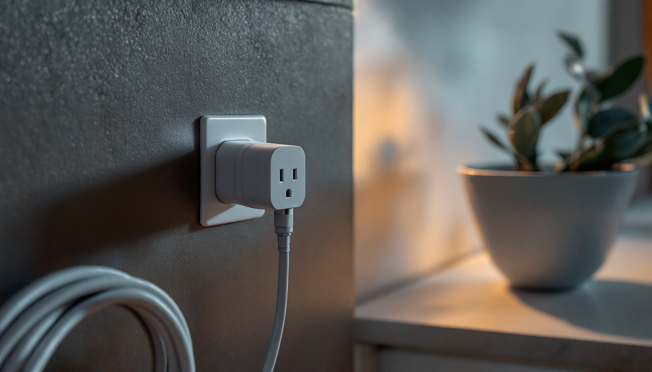 A photograph of a close-up of a modern plug and outlet setup in a stylish home environment