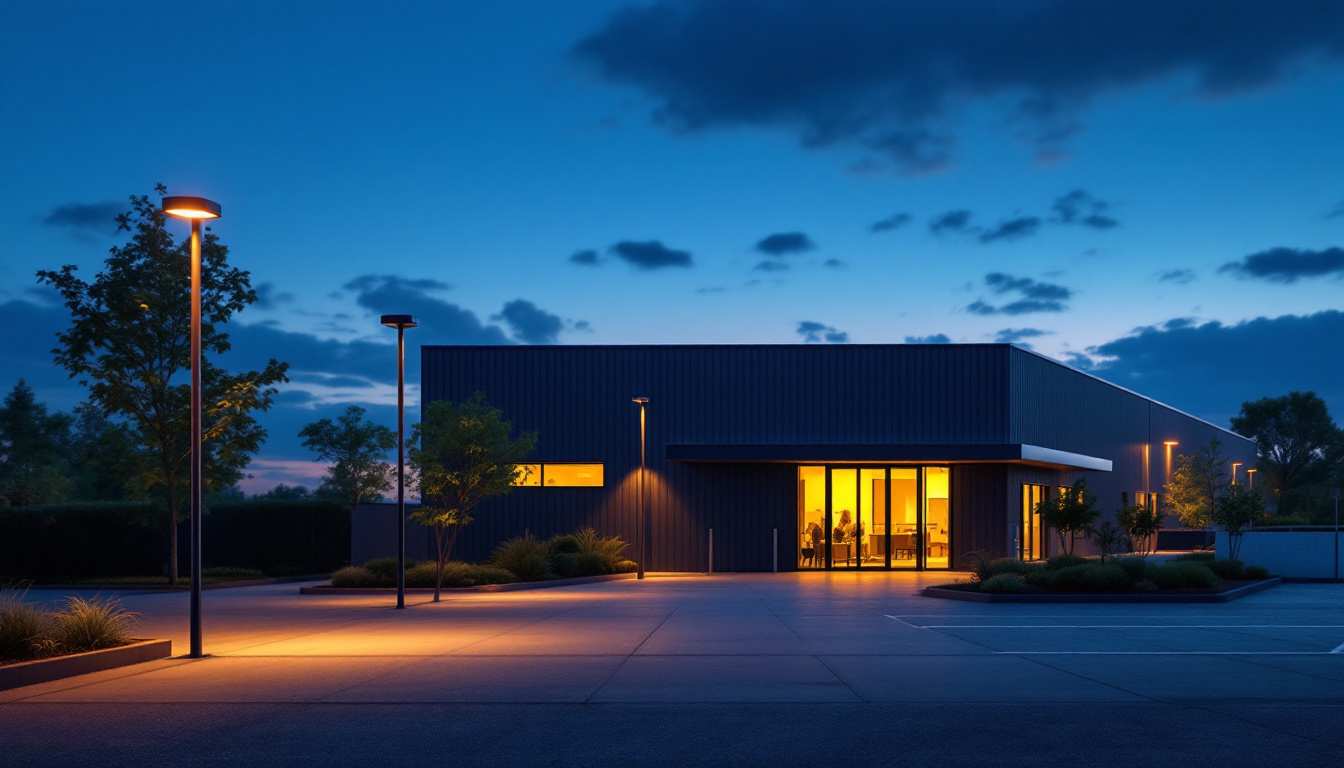 A photograph of a modern workplace or warehouse illuminated by stylish exterior patio lights