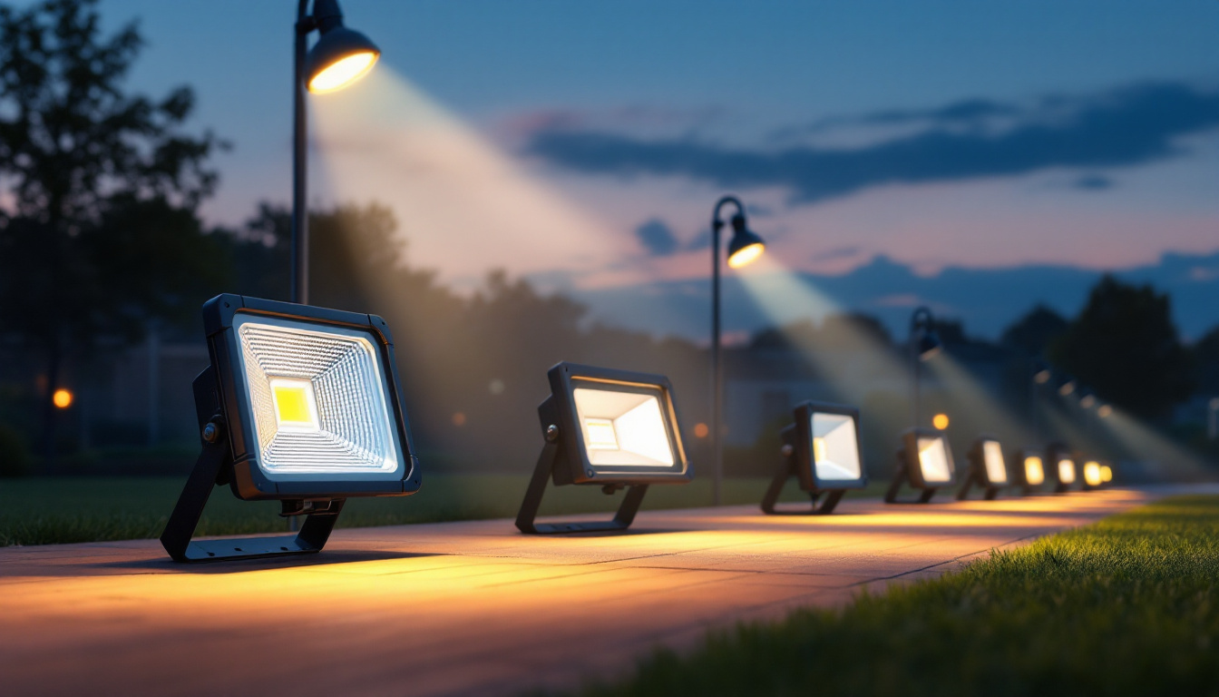 A photograph of a well-lit outdoor space showcasing various styles of flood lights in action