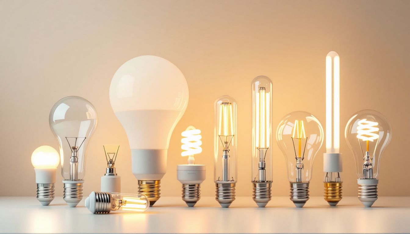 A photograph of a variety of fluorescent light bulbs in different sizes and shapes arranged artistically on a clean