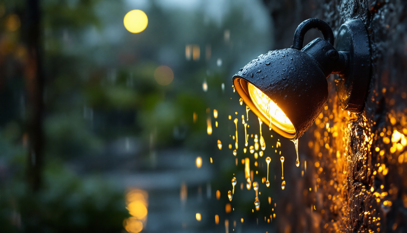 A photograph of a close-up of an ip65-rated outdoor lighting fixture in a rain-soaked environment