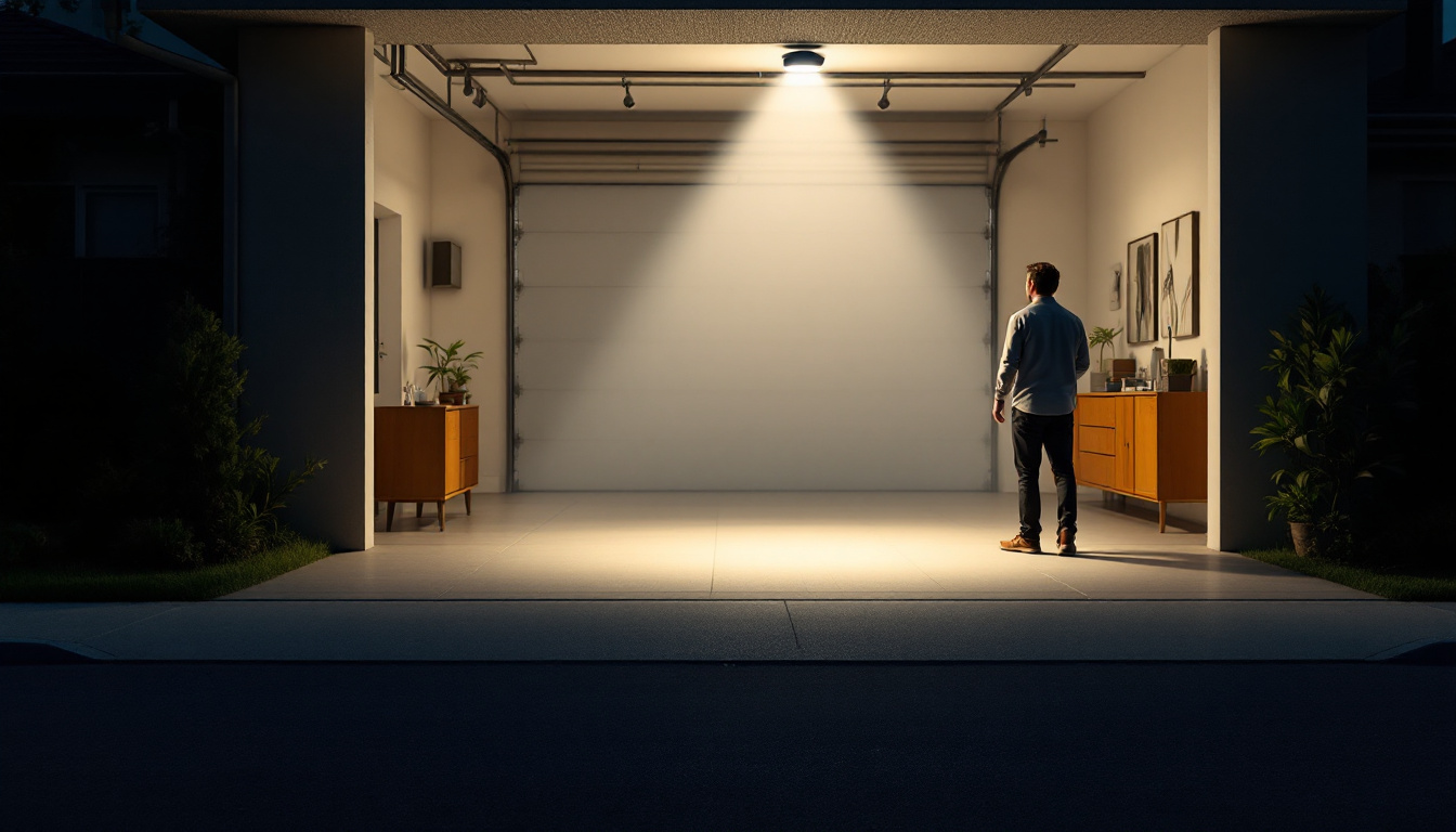 A photograph of a well-lit garage featuring a motion sensor light in action