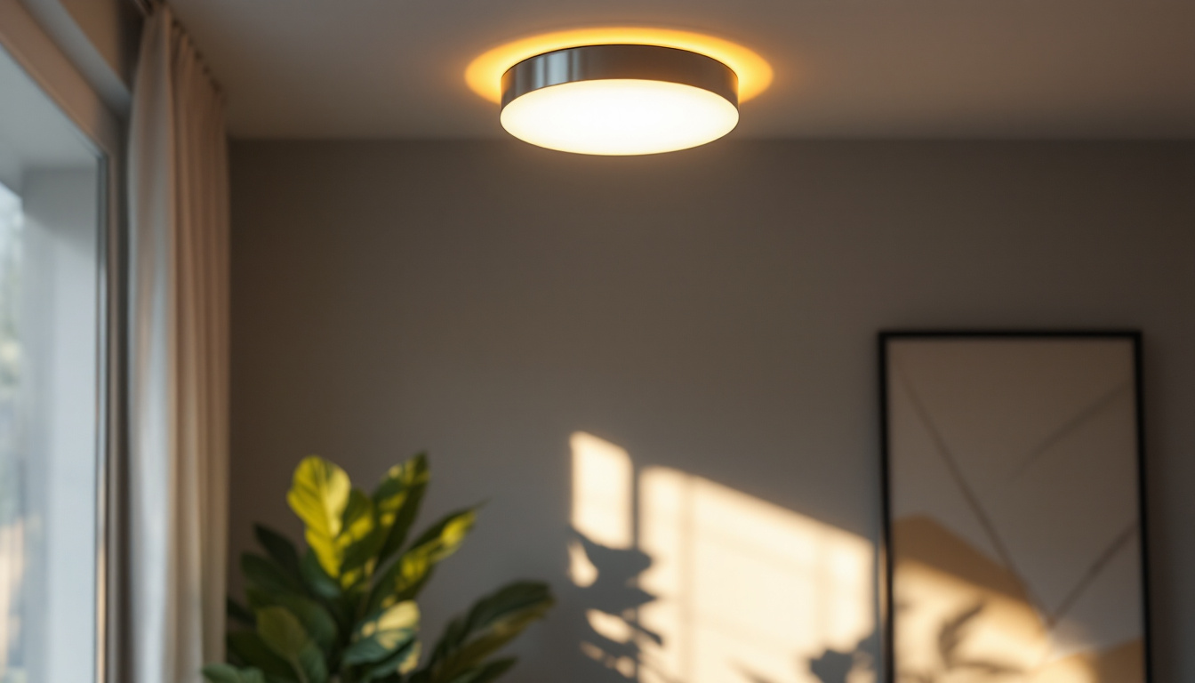 A photograph of a stylish flush mount lighting fixture in a modern interior setting