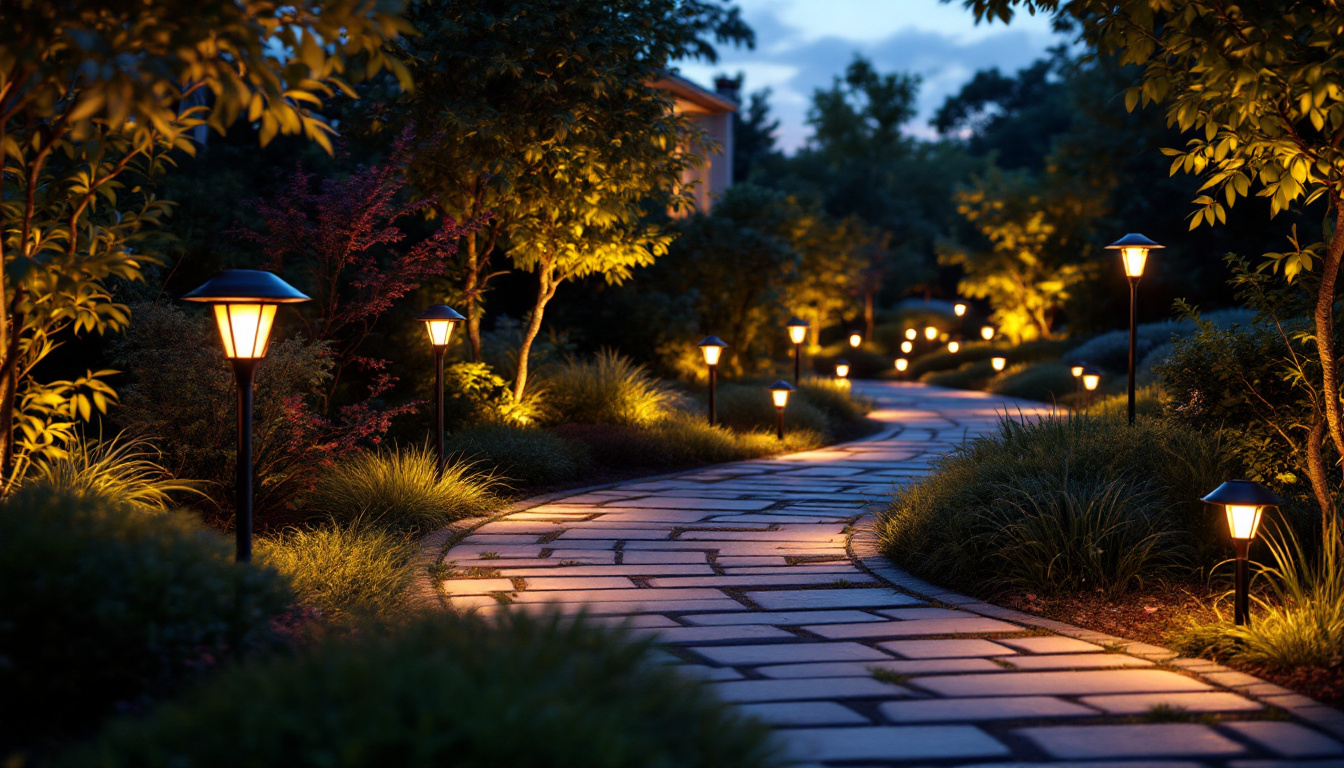 A photograph of a beautifully illuminated walkway featuring various styles of solar lights