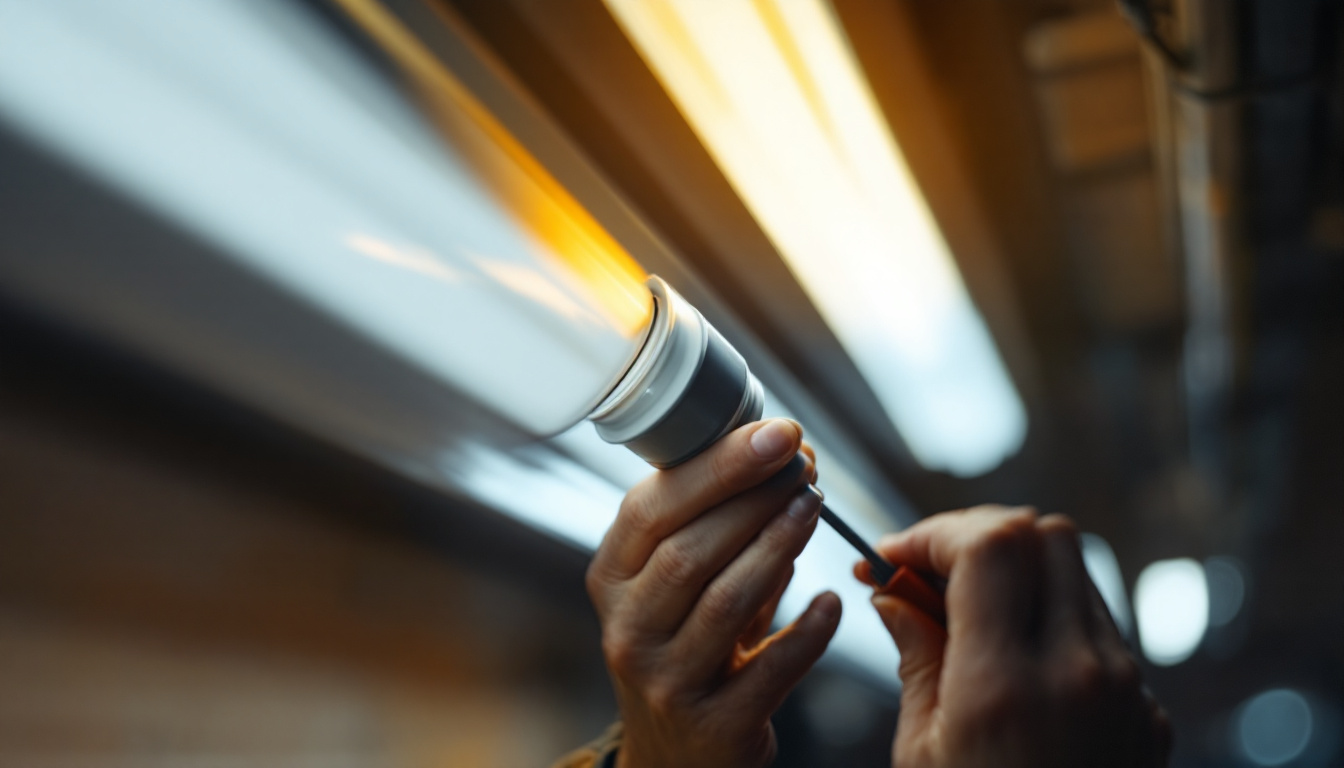 A photograph of a close-up shot of a person skillfully removing a fluorescent bulb cover