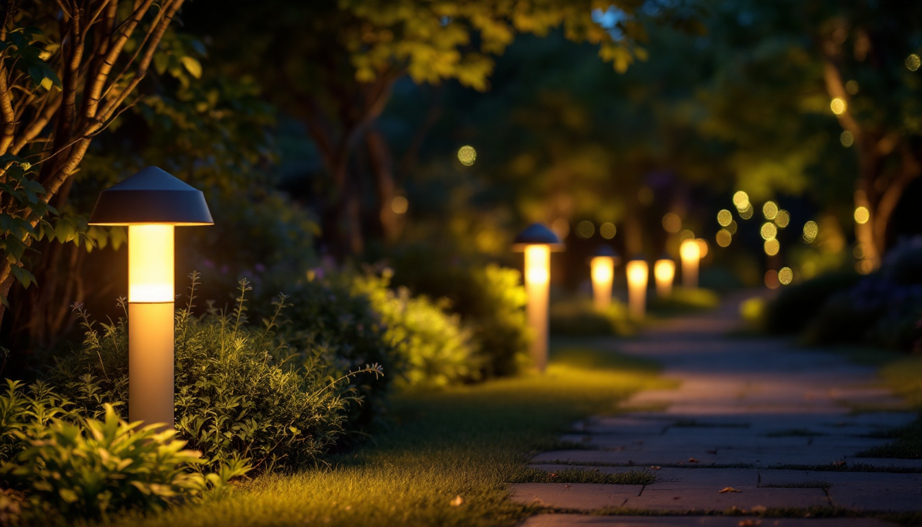 A photograph of a beautifully lit outdoor space featuring creatively arranged post lighting