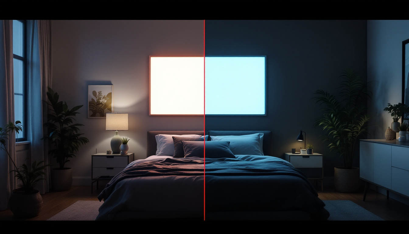 A photograph of capture a photograph of a side-by-side comparison of a room illuminated by an led diffuser panel and one lit by traditional lighting