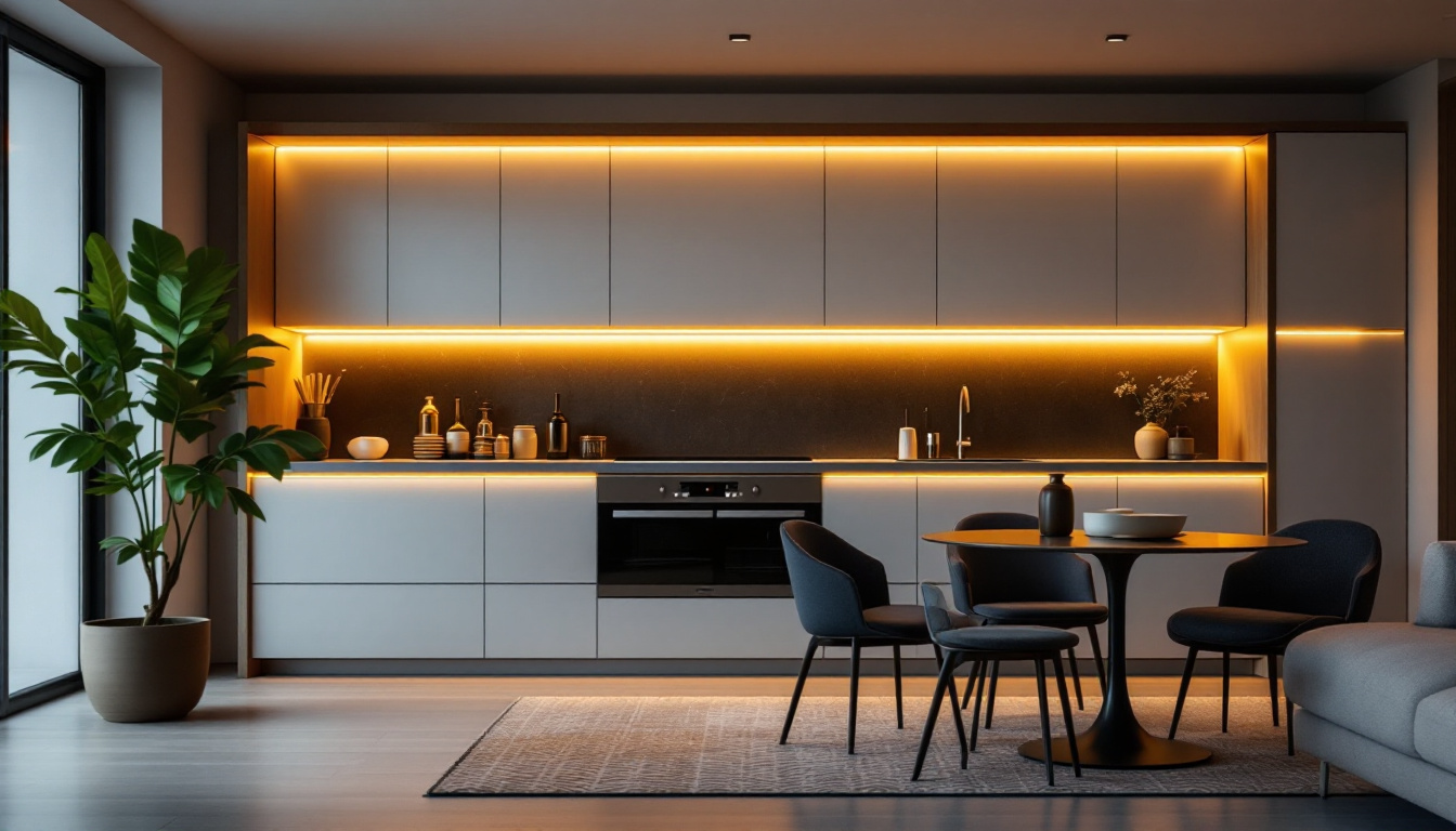 A photograph of a modern kitchen or living space featuring sleek led tape cabinet lighting