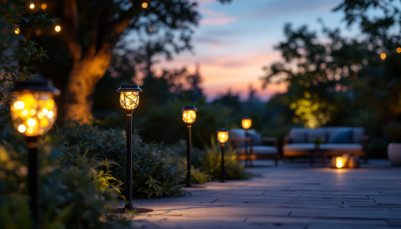 A photograph of a beautifully illuminated outdoor space featuring decorative solar lights in various styles