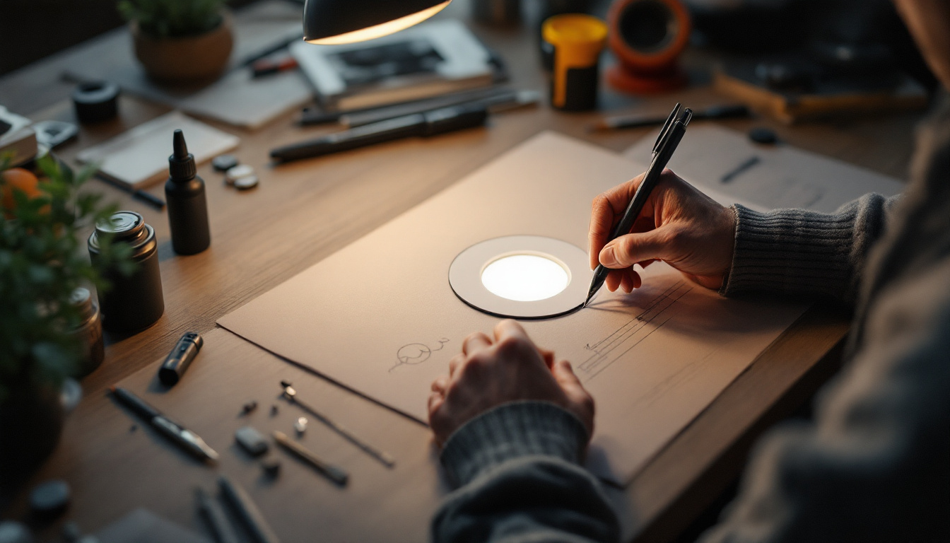 A photograph of a designer sketching a small recessed light prototype