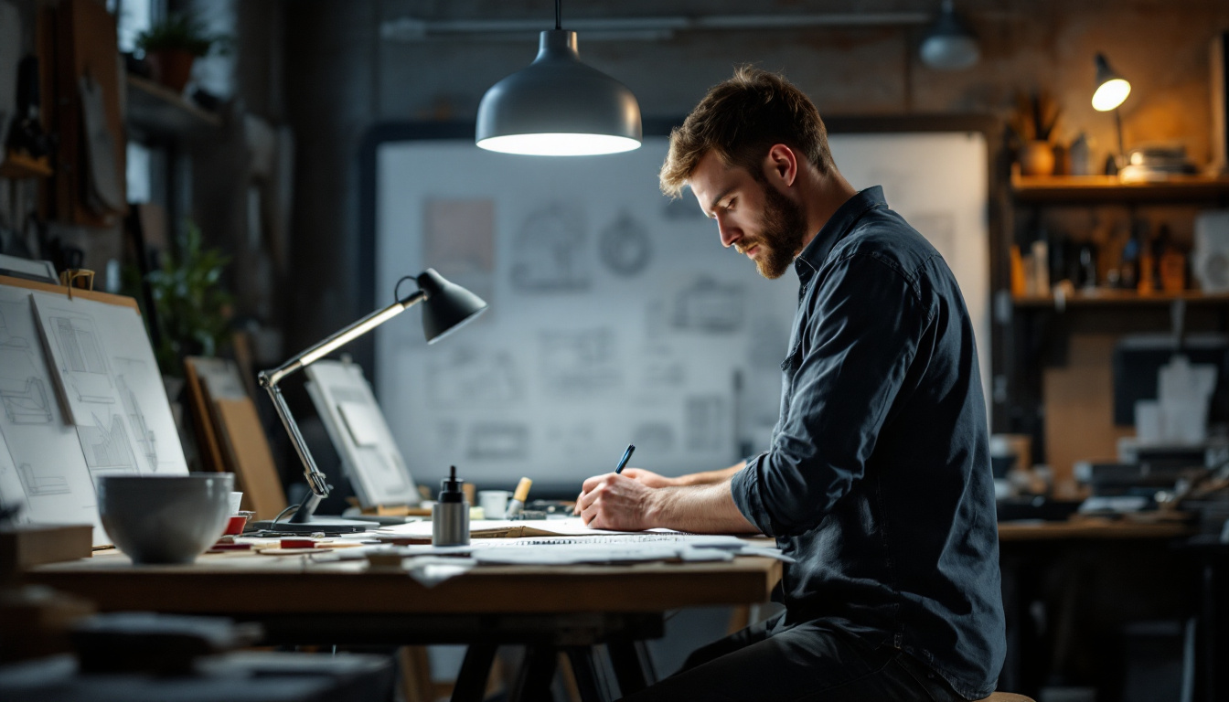A photograph of a designer or engineer in a well-lit workshop