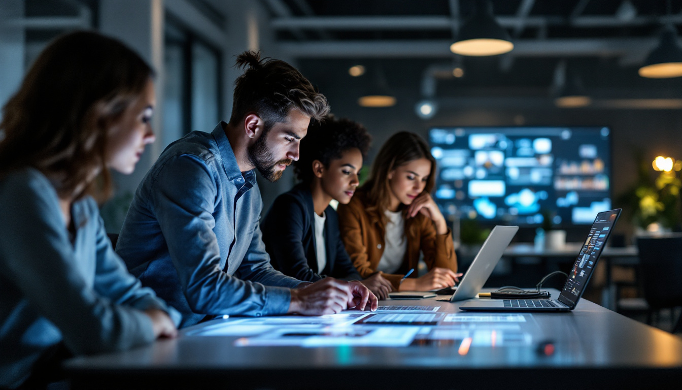 A photograph of a dynamic workspace featuring a diverse group of professionals collaborating around a sleek digital interface