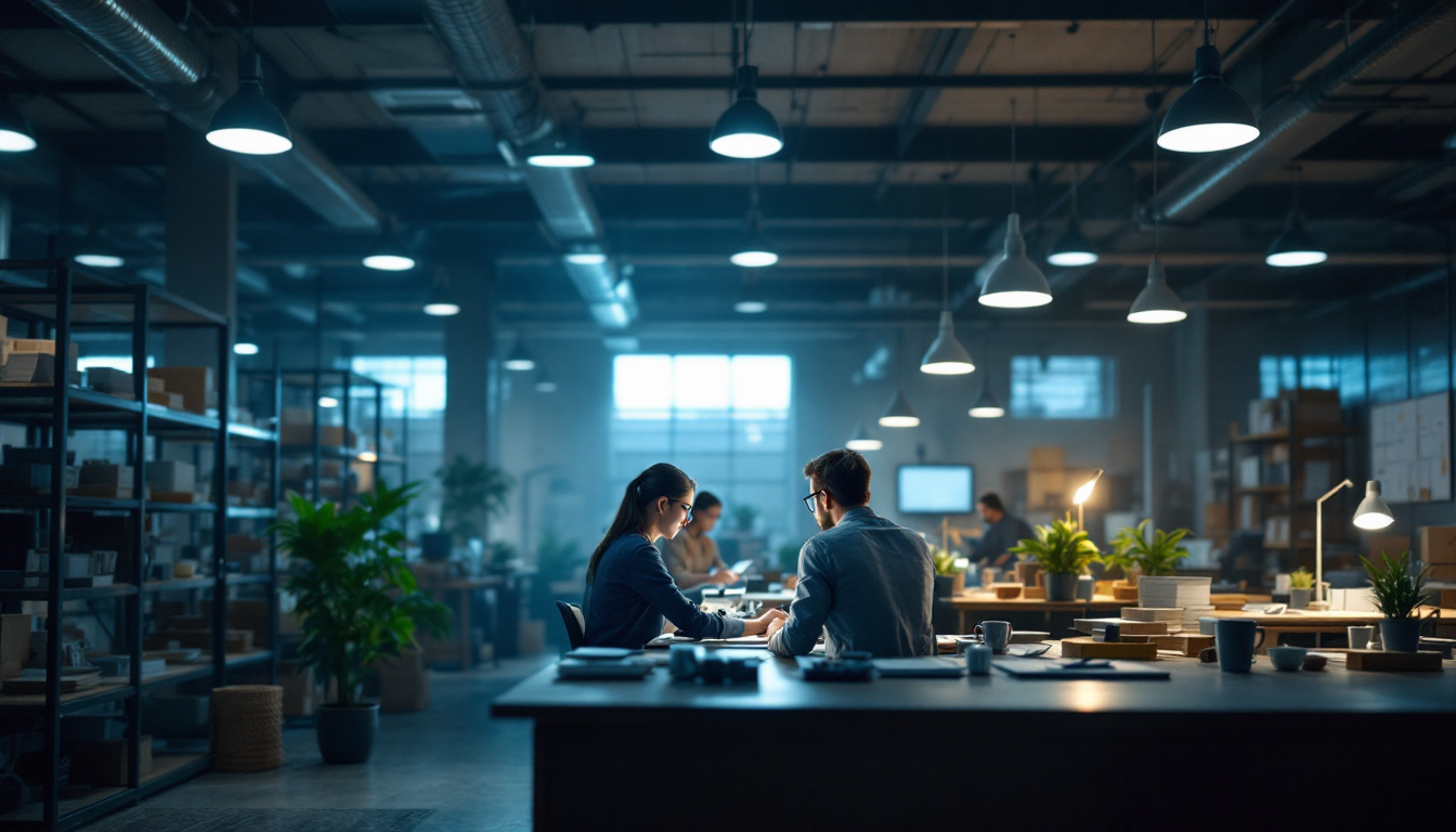 A photograph of a modern workplace or warehouse illuminated by bright