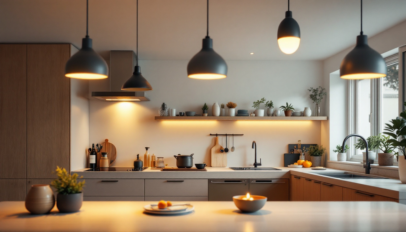 A photograph of a stylishly designed kitchen featuring a variety of ceiling light fittings in use