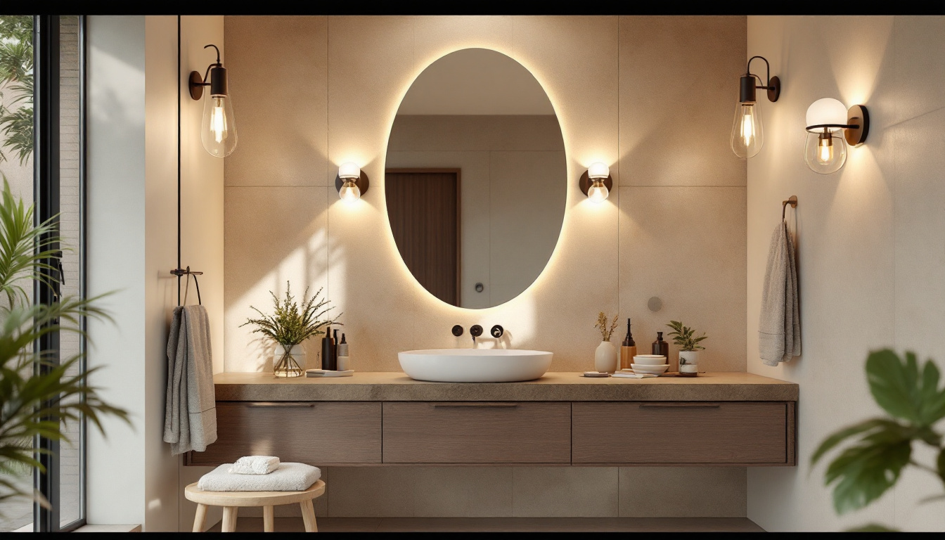 A photograph of a beautifully designed bathroom showcasing a variety of stylish wall light fixtures