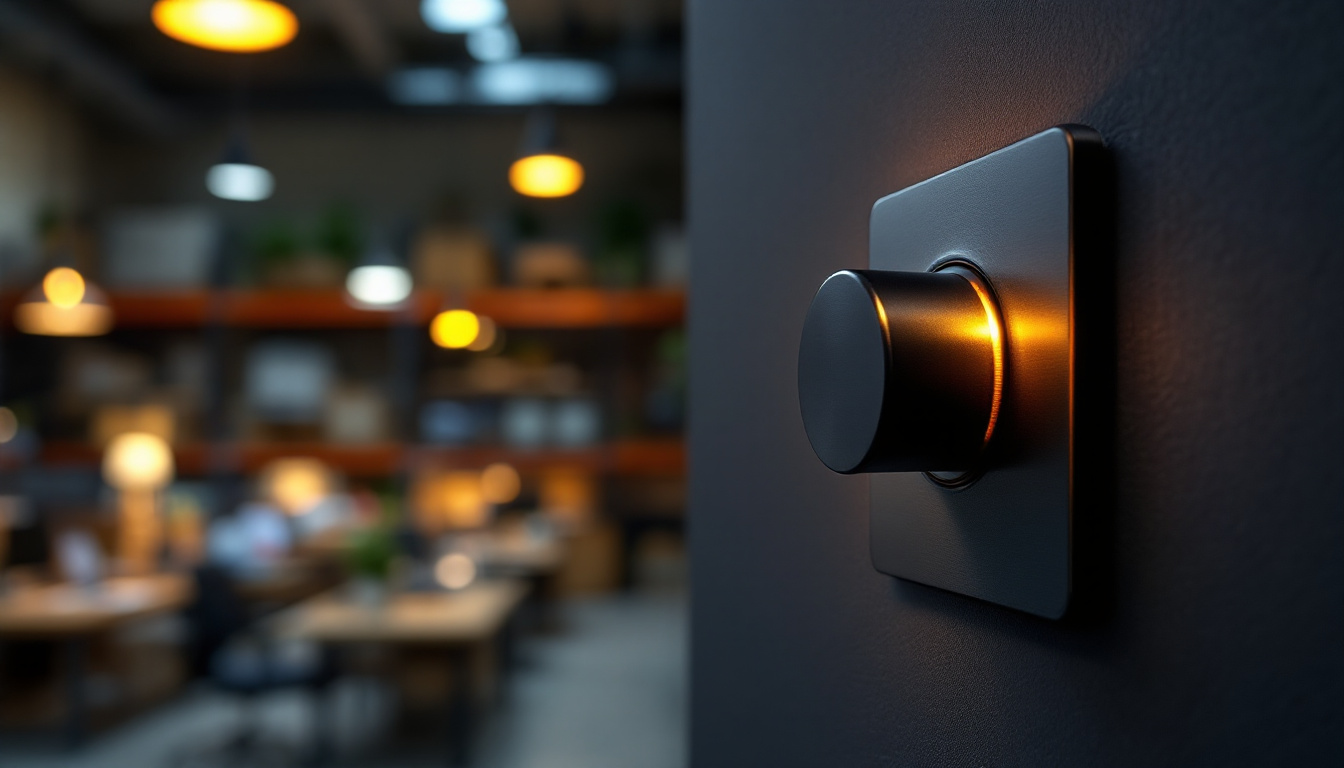 A photograph of a modern workplace or warehouse setting showcasing a dimmer switch in action