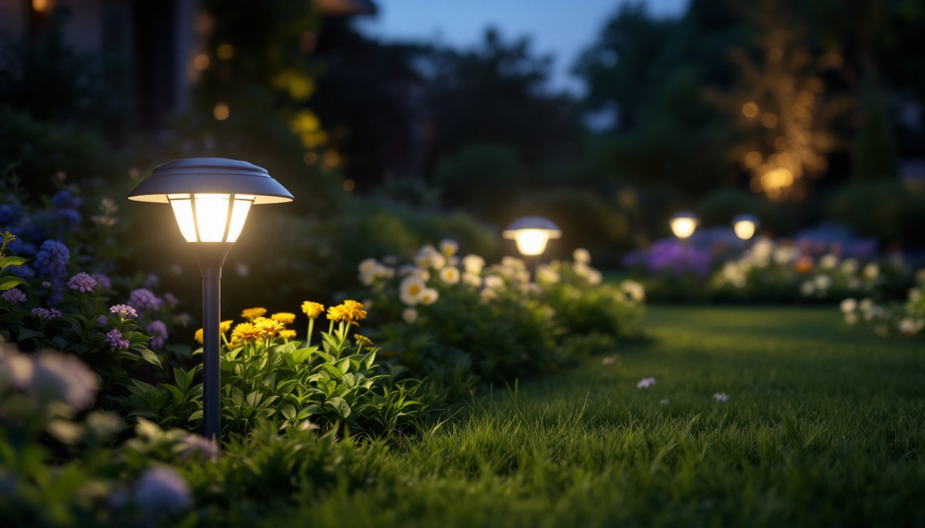 A photograph of a beautifully illuminated garden at dusk
