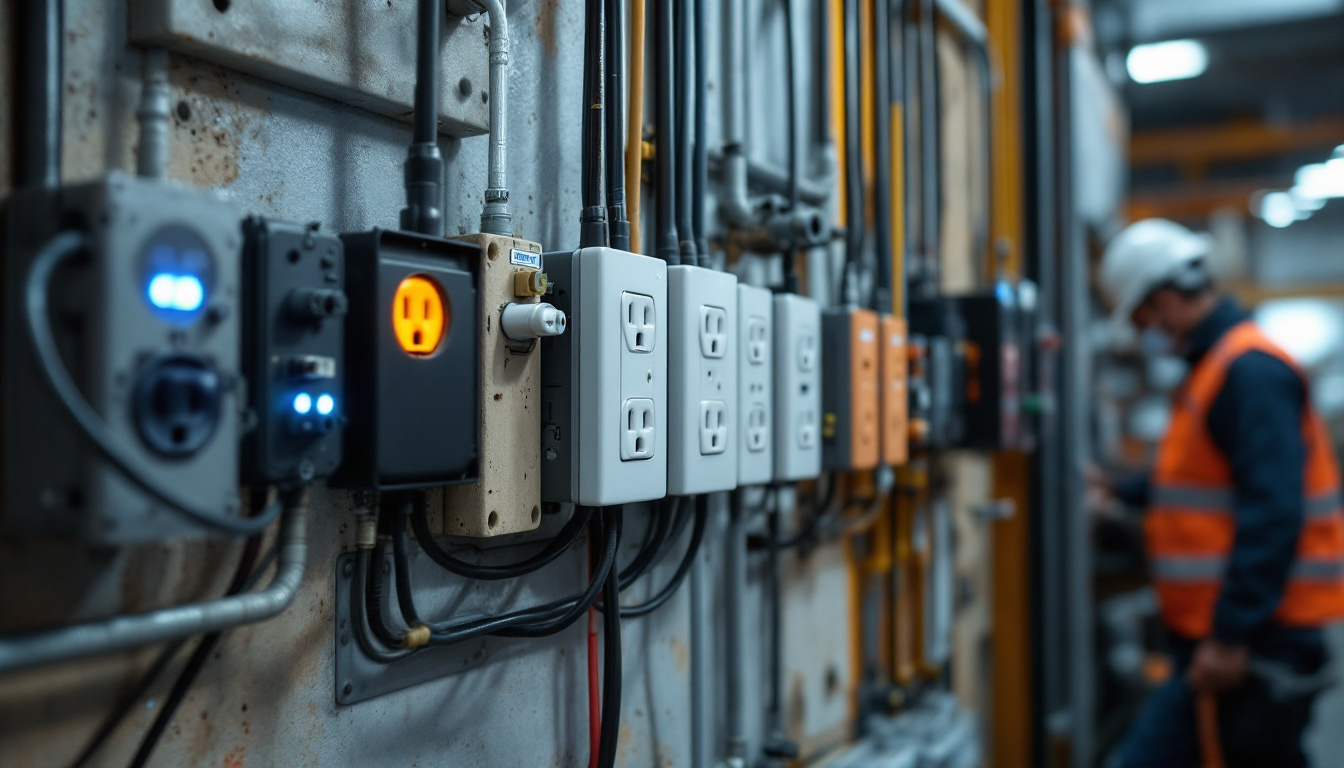 A photograph of a modern workplace or warehouse setting featuring a variety of outlet electrical boxes in use