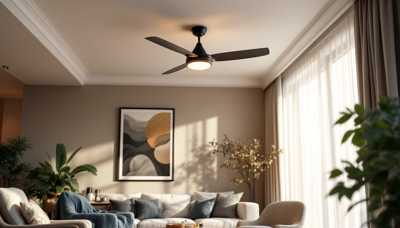 A photograph of a stylish and modern ceiling fan in an elegantly designed living space