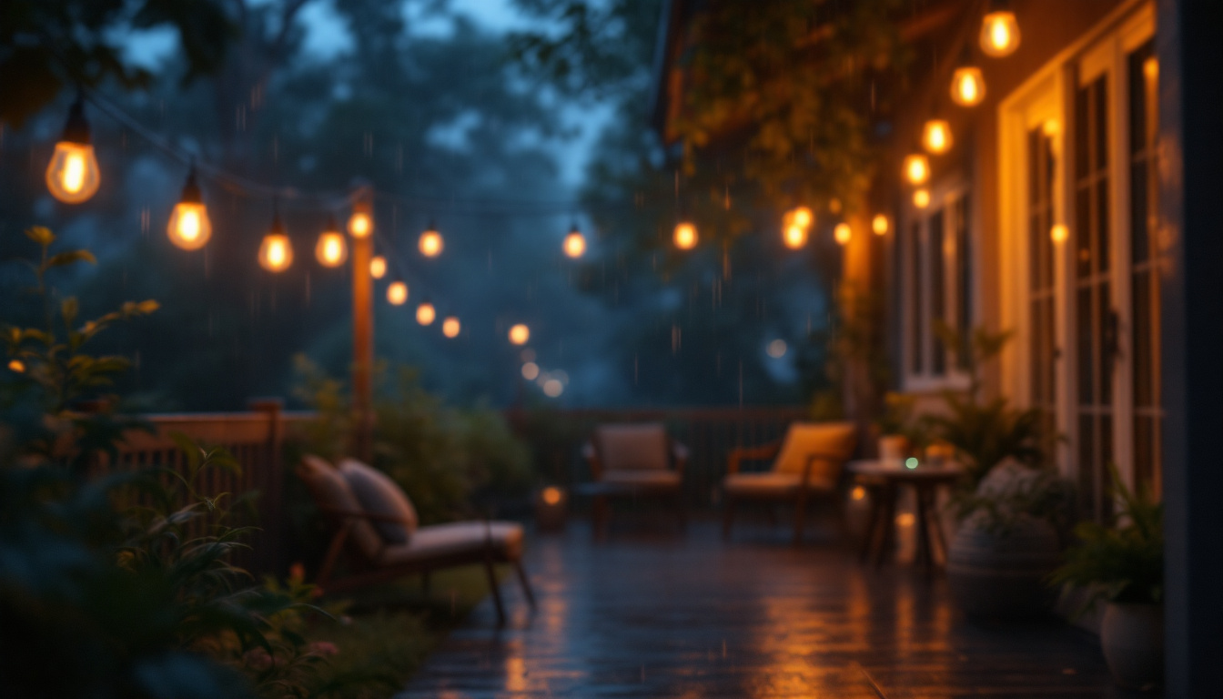 A photograph of a beautifully lit outdoor space featuring damp location led light bulbs in use
