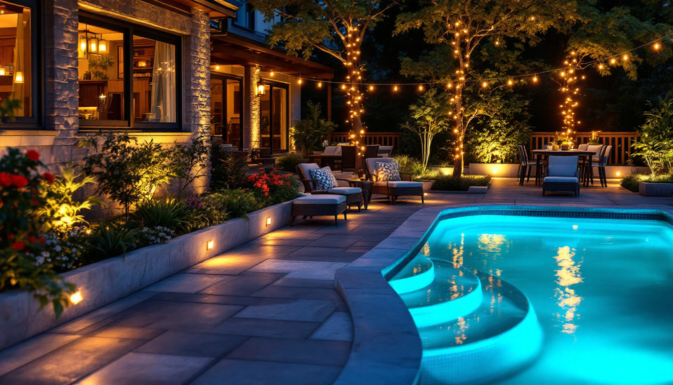 A photograph of a beautifully illuminated outdoor space showcasing various accent lighting techniques