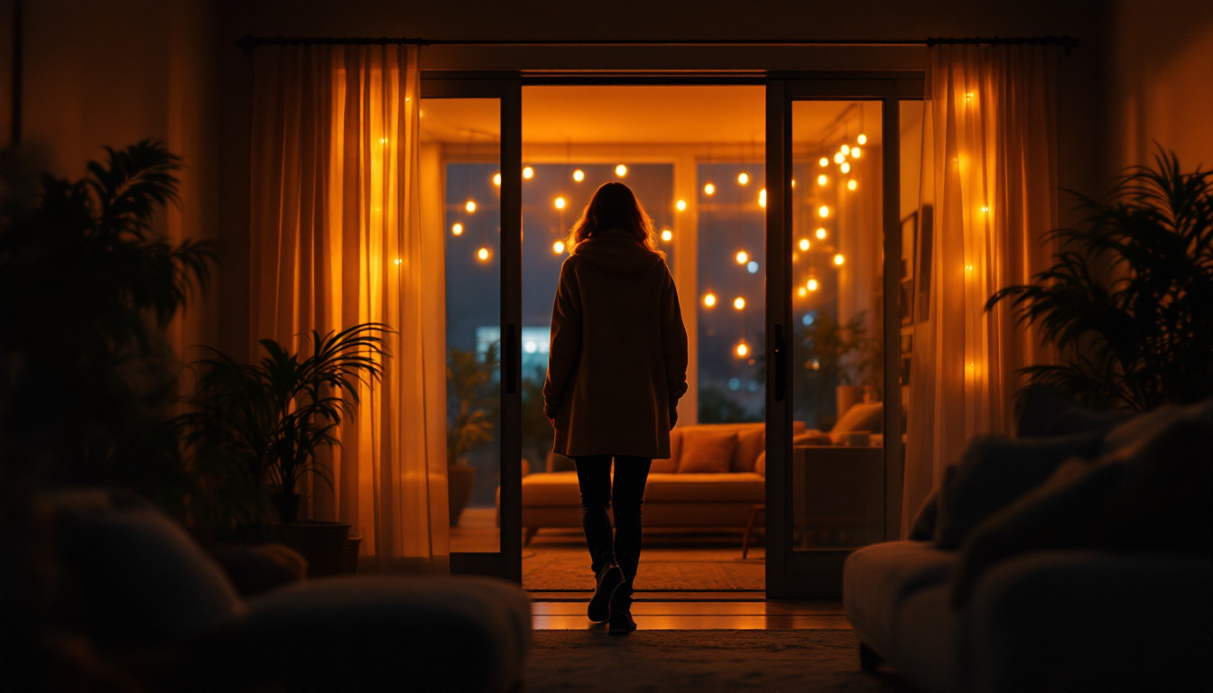 A photograph of a person entering a warmly lit room where smart home lights automatically illuminate