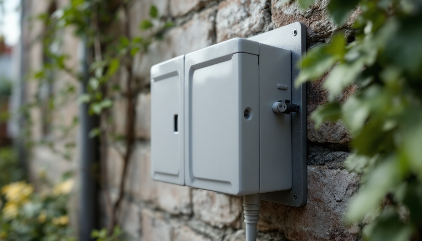 A photograph of a weather-resistant electrical box installed in an outdoor setting