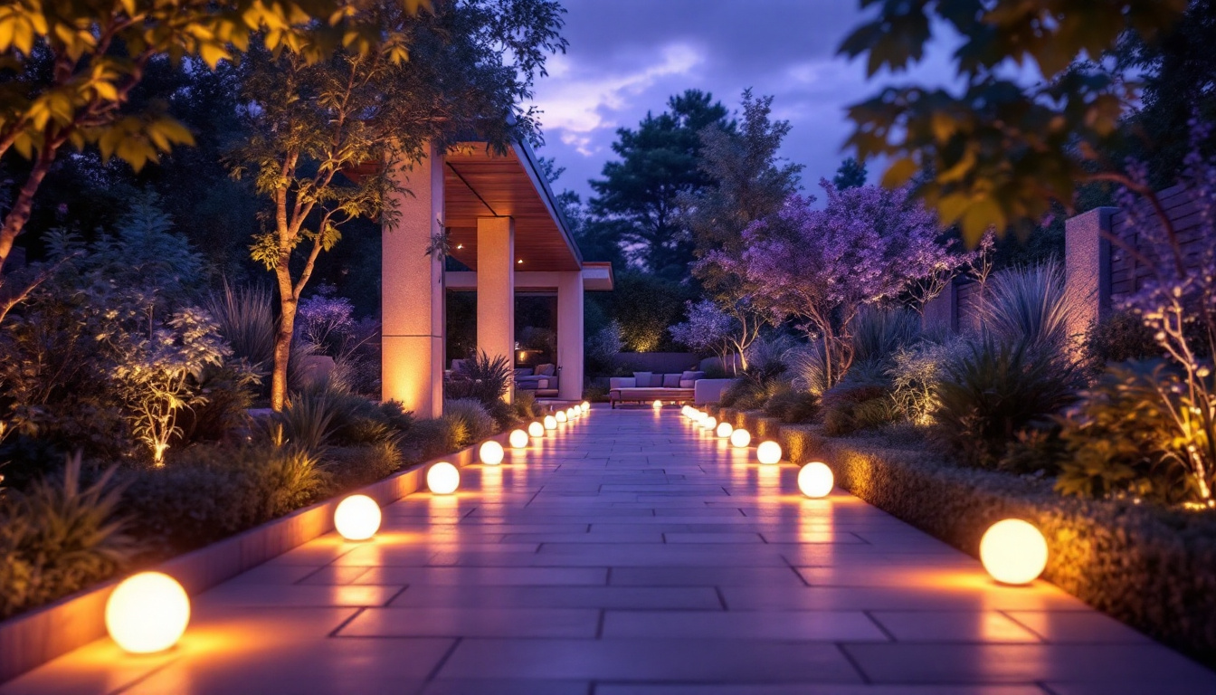 A photograph of a beautifully illuminated outdoor space featuring led lamps in various creative arrangements