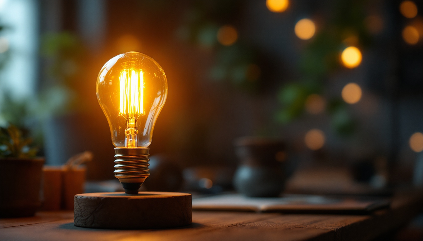 A photograph of a vintage light bulb glowing warmly in a creative setting