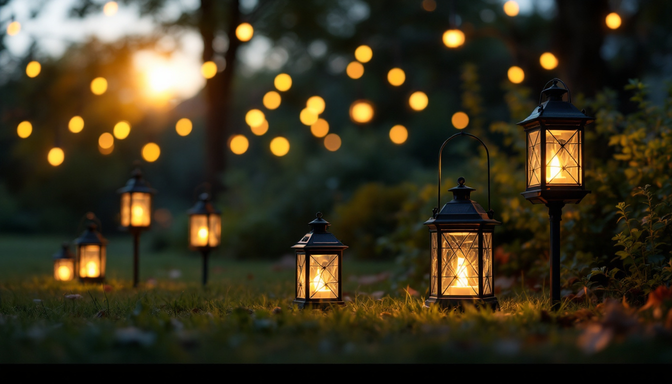 A photograph of a well-lit outdoor setting featuring a variety of solar lanterns in use
