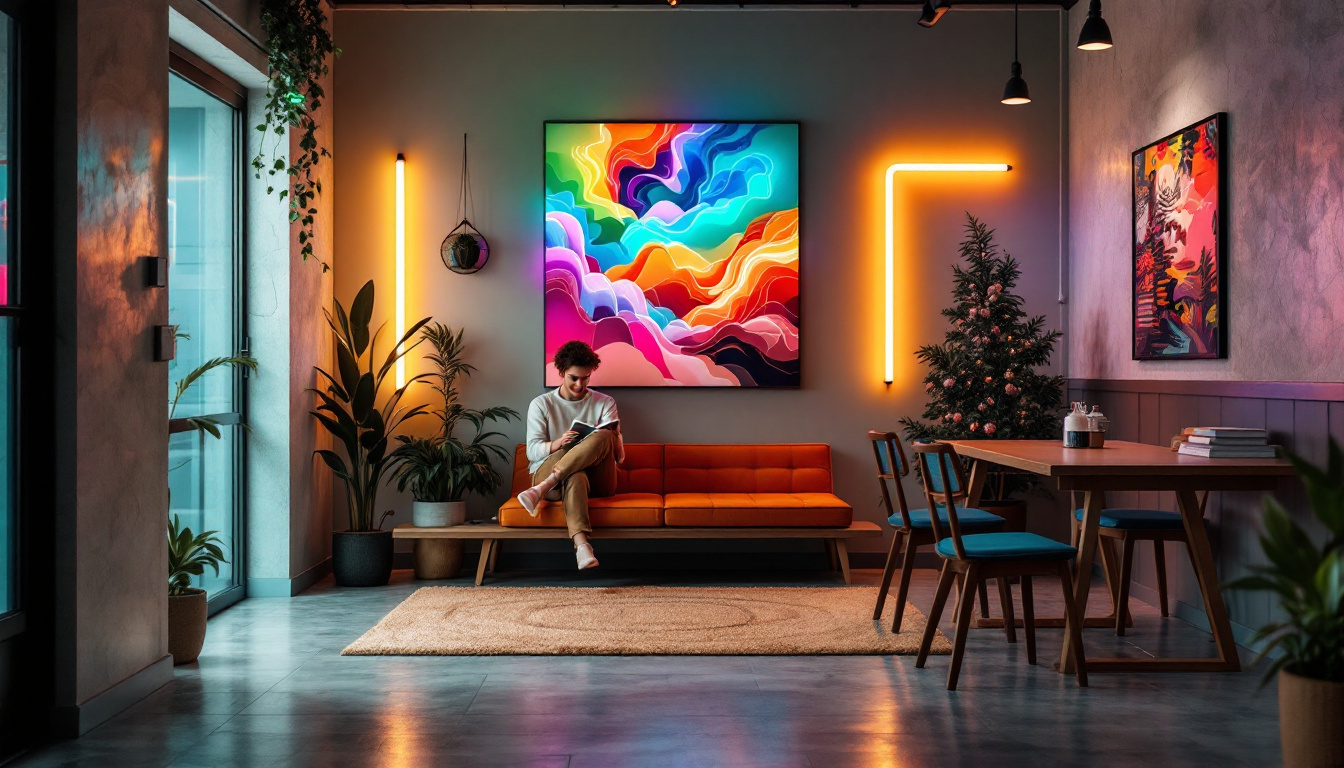 A photograph of a creatively designed space where fluorescent tubes are used in unexpected ways