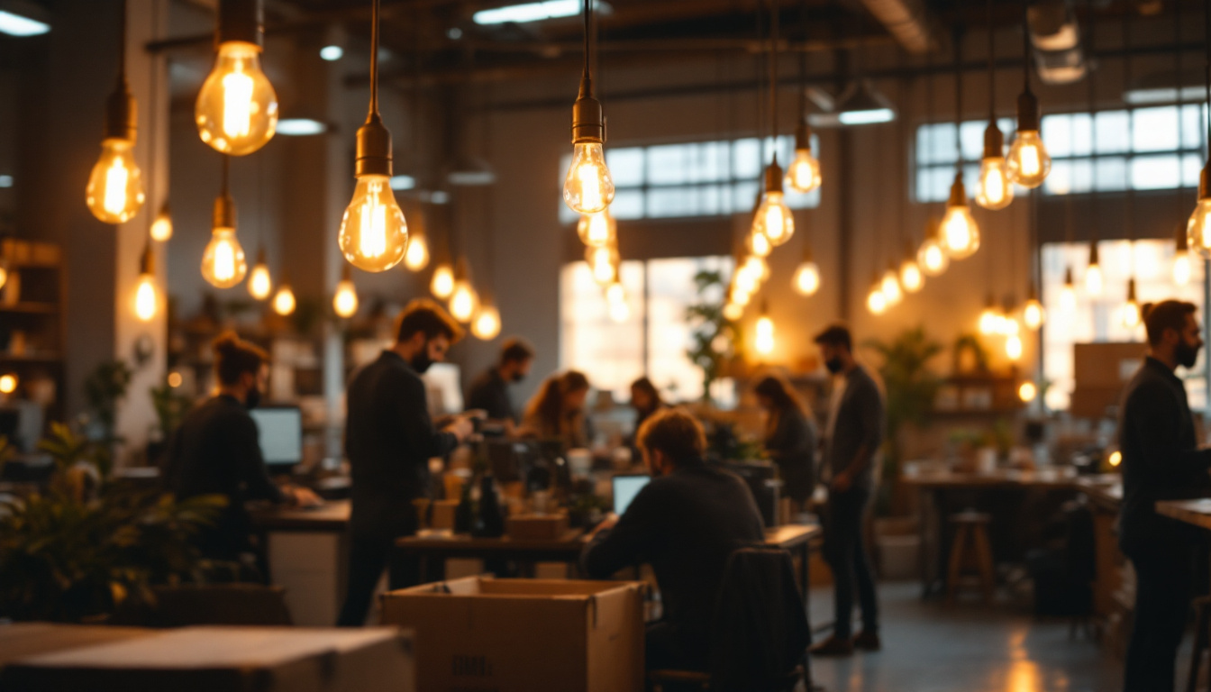 A photograph of a modern workplace or warehouse setting illuminated by canister light bulbs