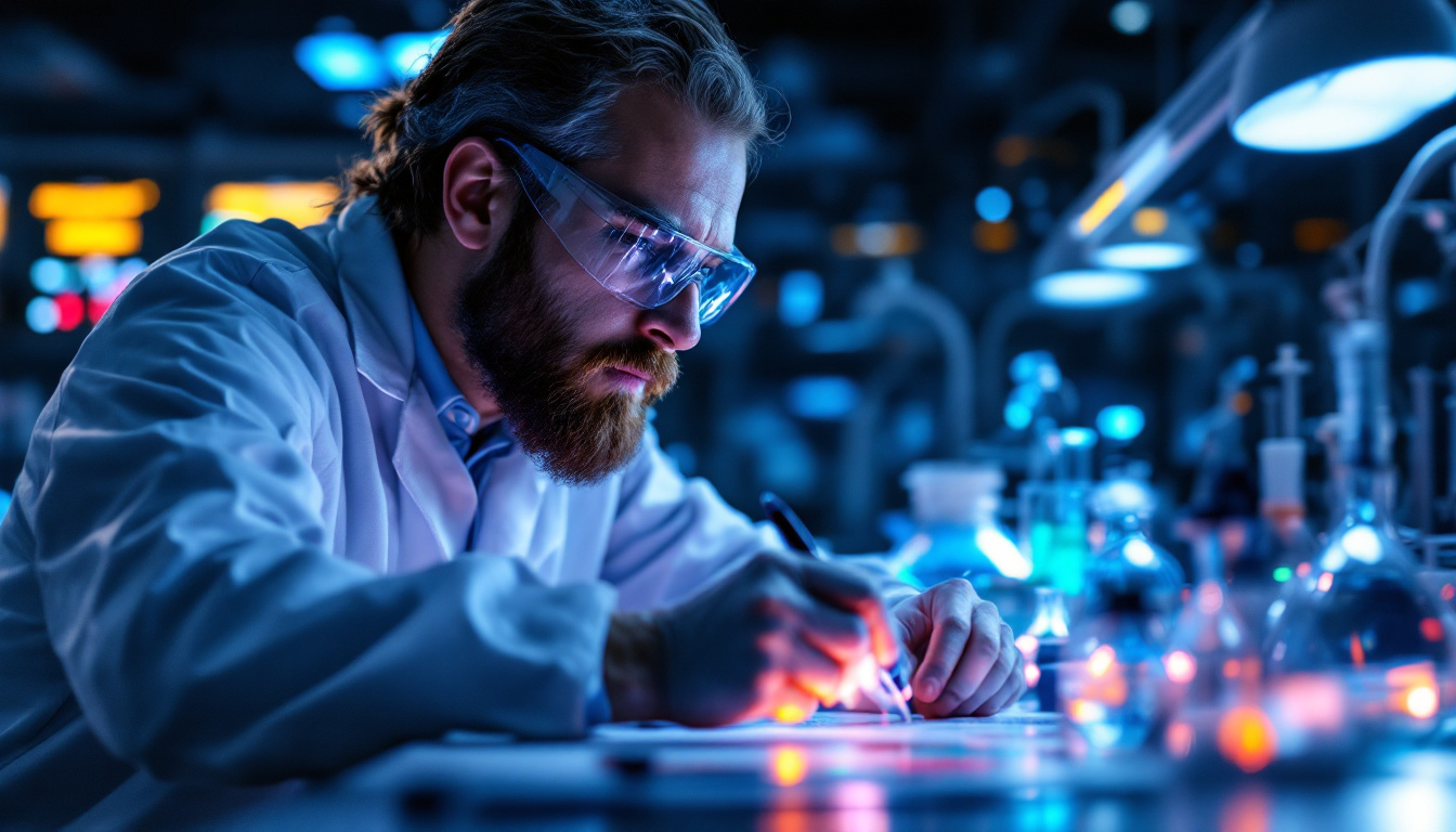 A photograph of a close-up shot of a scientist in a lab environment