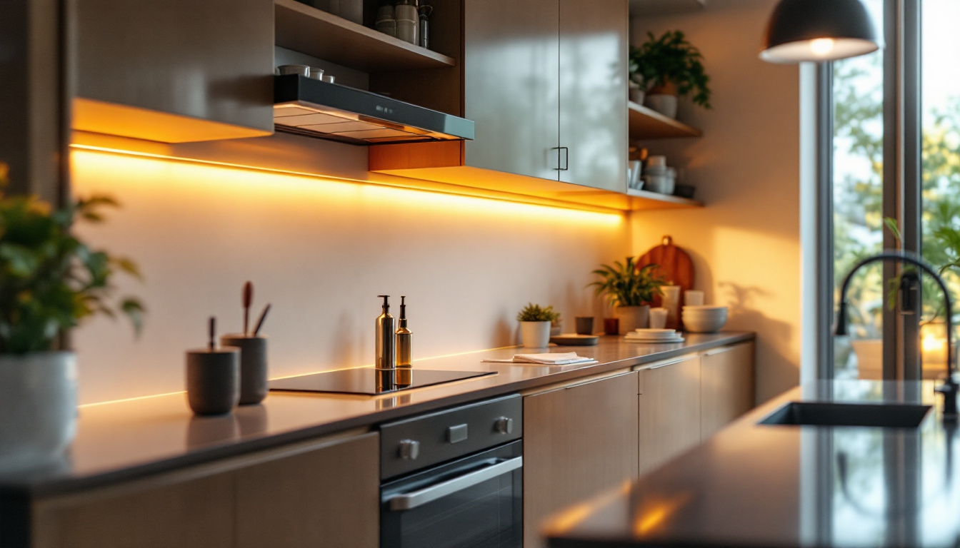 A photograph of a beautifully designed kitchen featuring stylish under cabinet led lighting