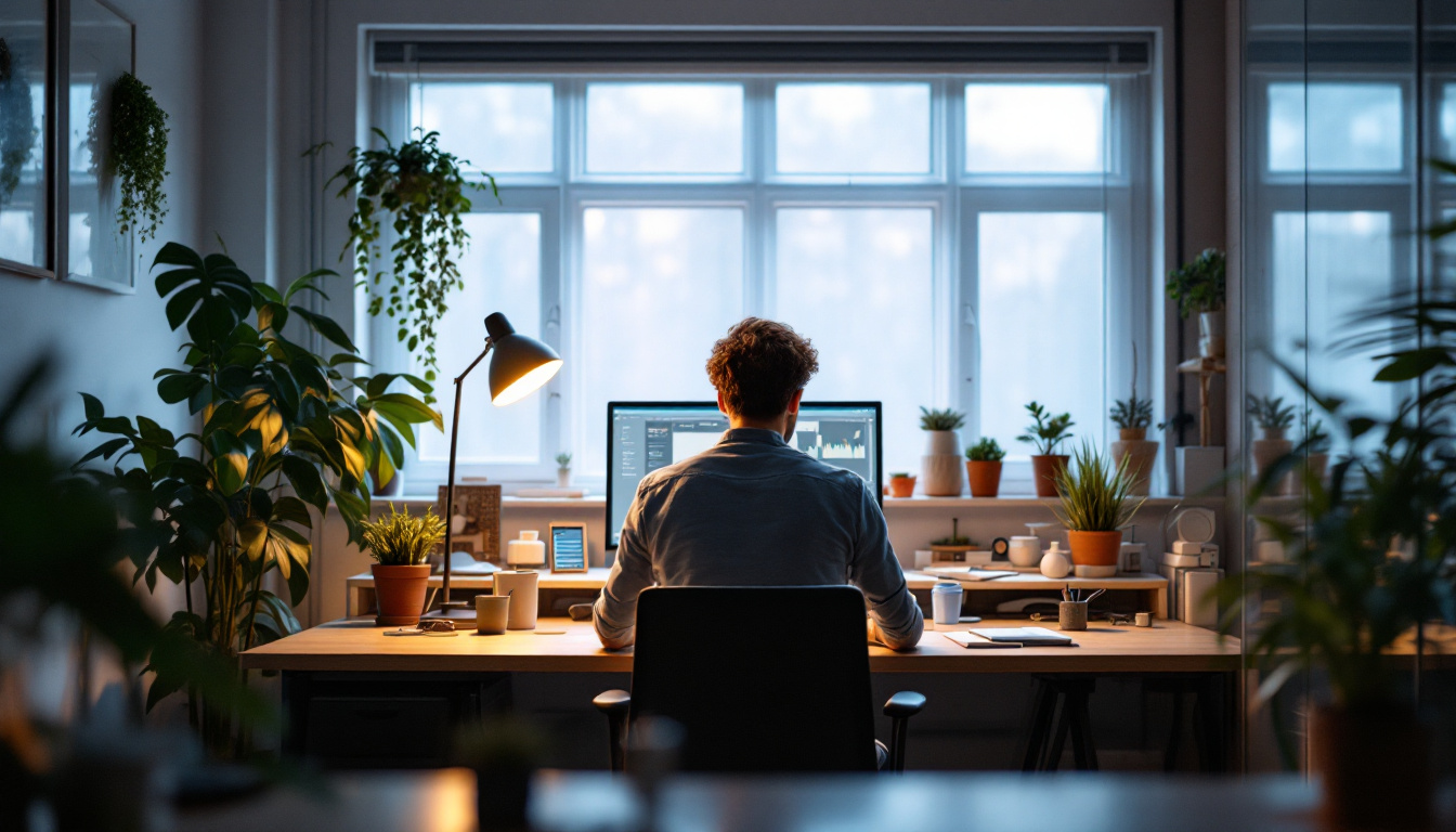 A photograph of a well-lit workspace featuring a mix of natural and artificial lighting that highlights a person actively engaged in a creative task