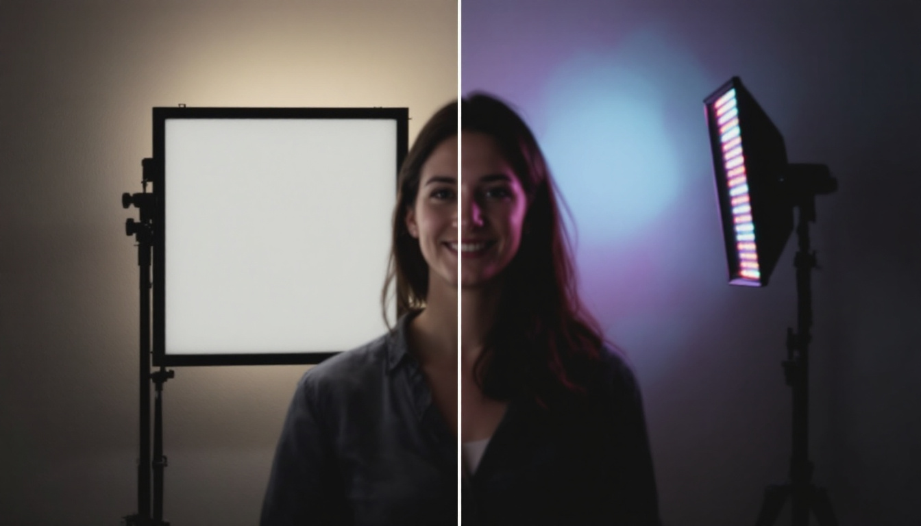 A photograph of capture a photograph of a side-by-side comparison of a lit led diffuser panel and a regular lighting source in a dimly lit environment