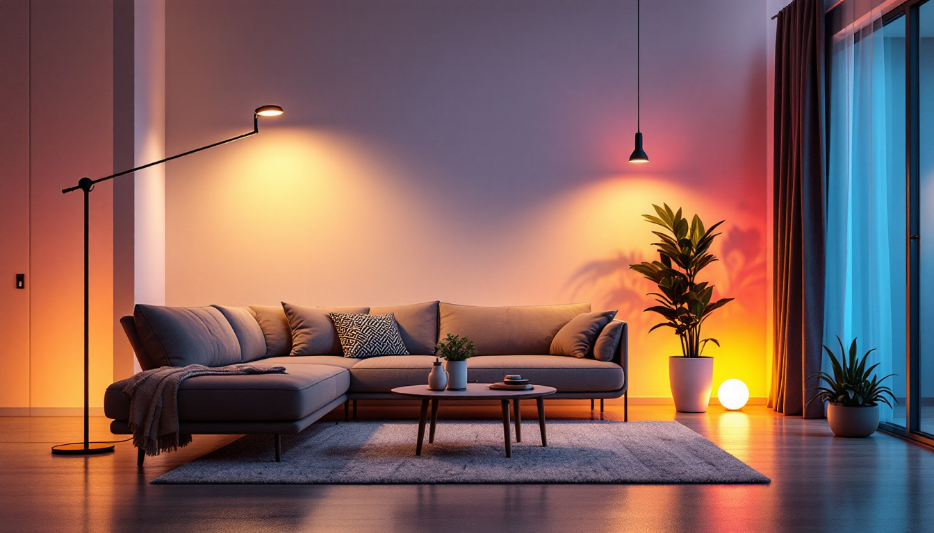 A photograph of a modern living space illuminated by various stylish plug-in led lights