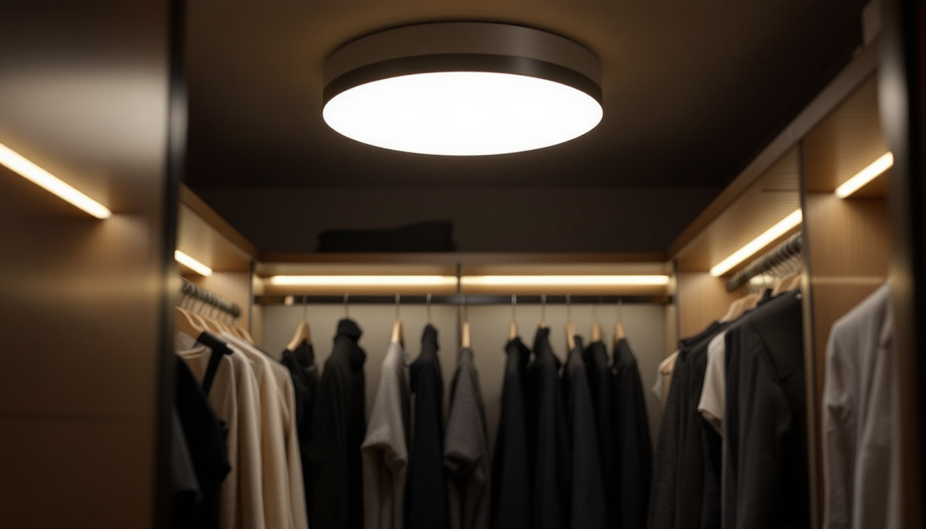 A photograph of a beautifully designed closet light fixture installed in a stylish closet setting