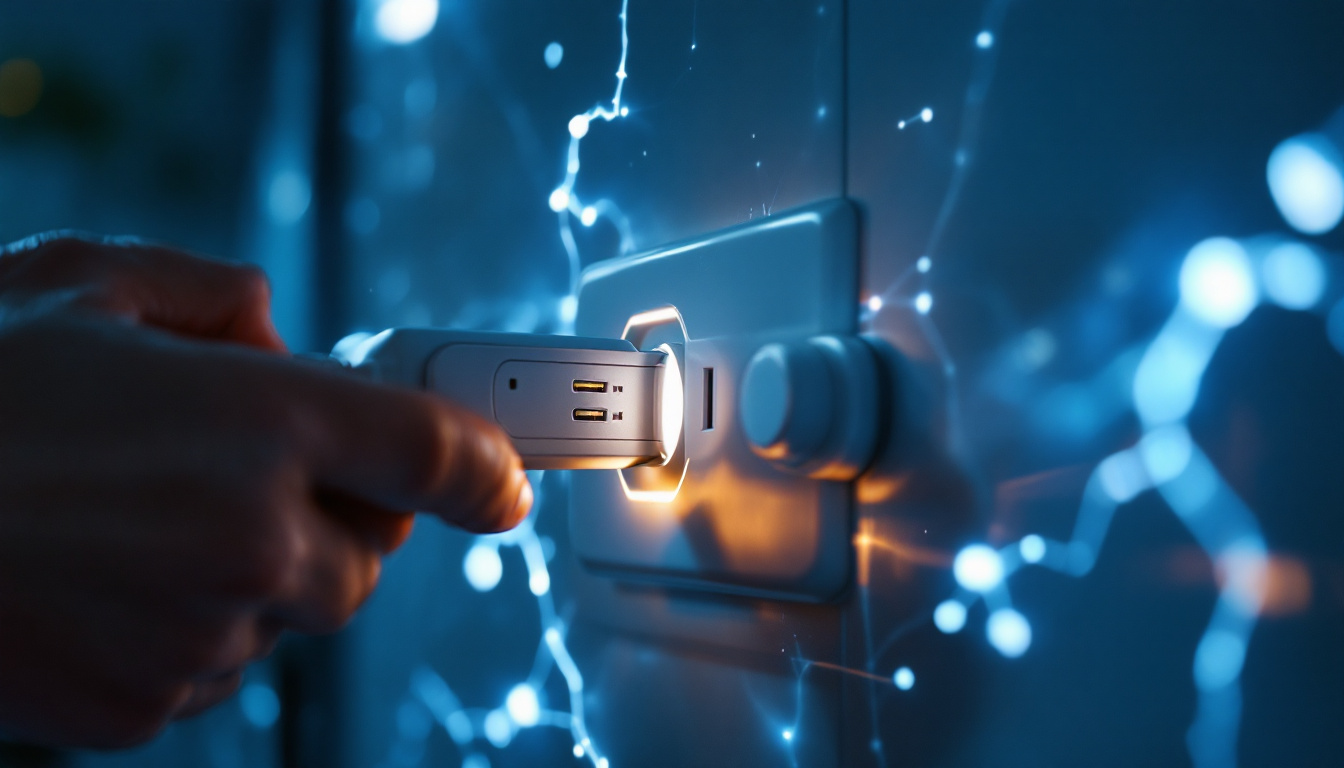 A photograph of a close-up of a modern electrical outlet with a hand plugging in a device