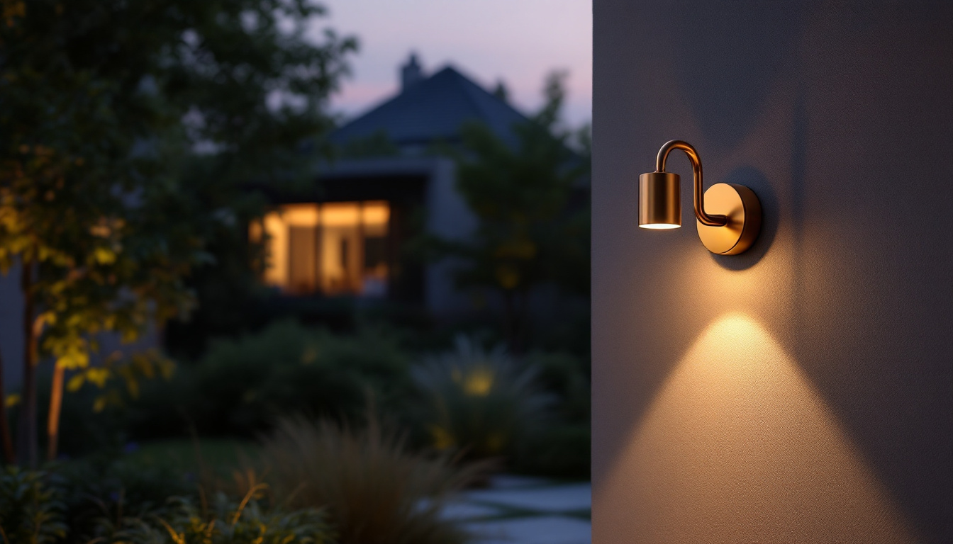 A photograph of a beautifully designed gold gooseneck sconce installed outdoors
