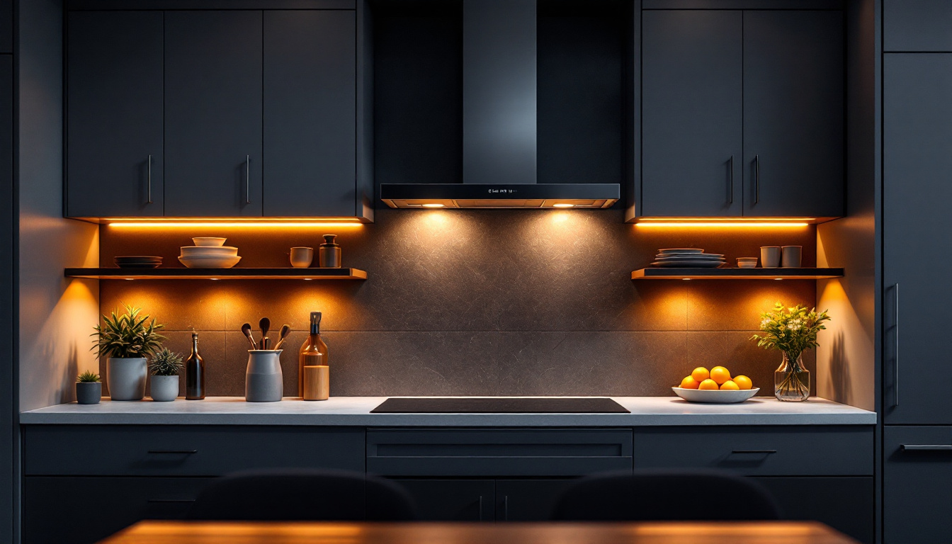 A photograph of a beautifully designed kitchen featuring well-illuminated under-cabinet led lights