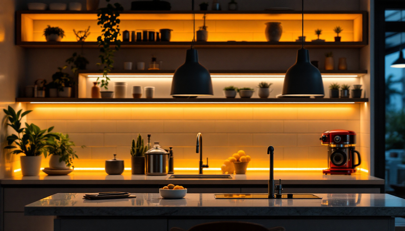 A photograph of a beautifully illuminated kitchen or workspace featuring under counter led lights