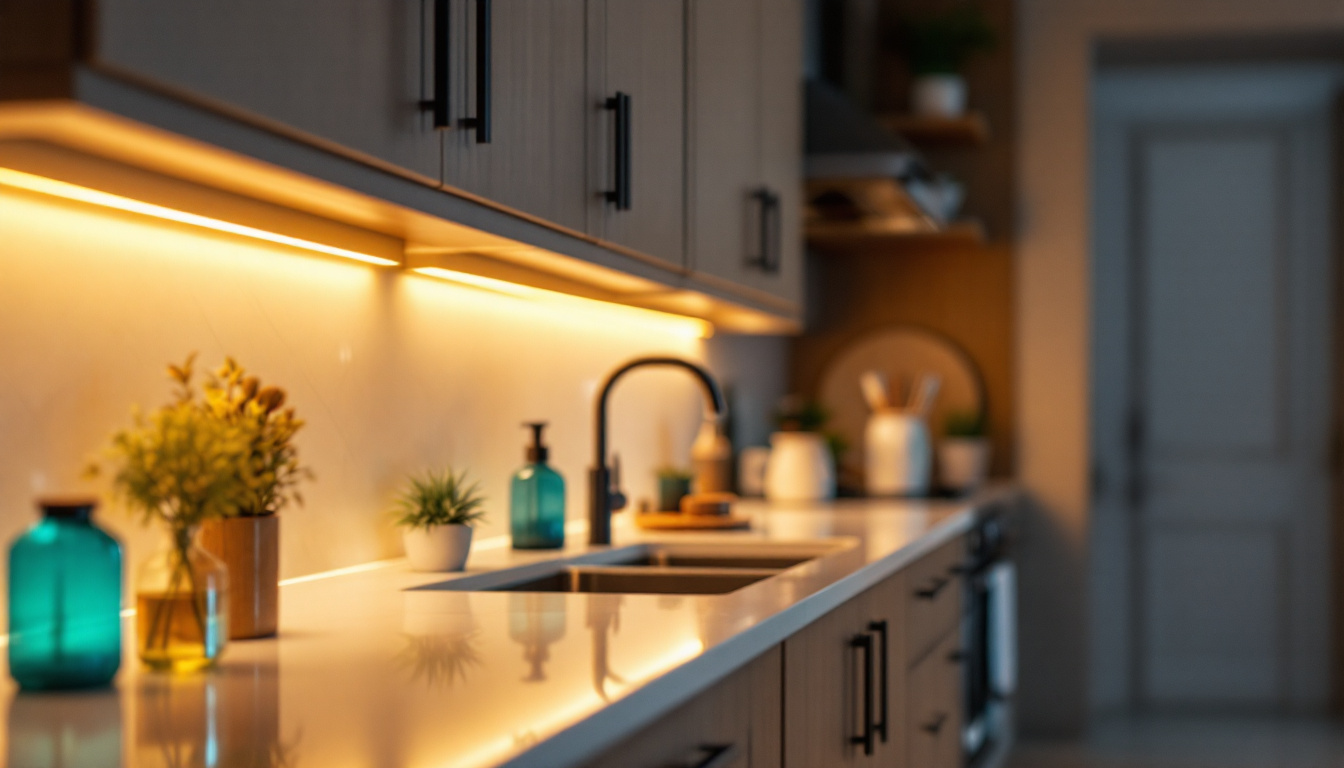 A photograph of a beautifully designed kitchen showcasing under cabinet led strip lighting illuminating the countertop